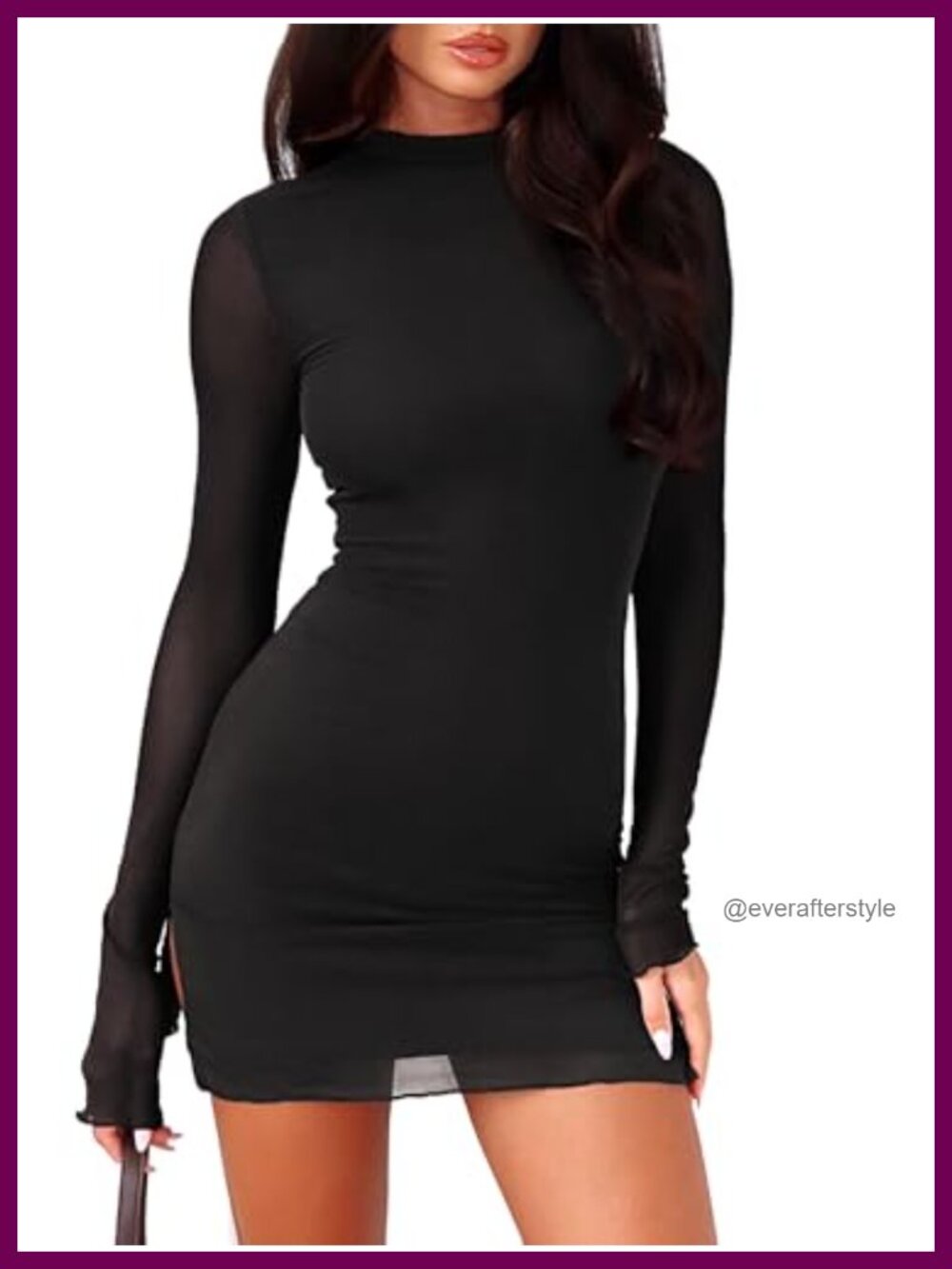 Women Long Sleeve Bodycon Mini Dress Mock Neck Sheer Mesh Slit Party
